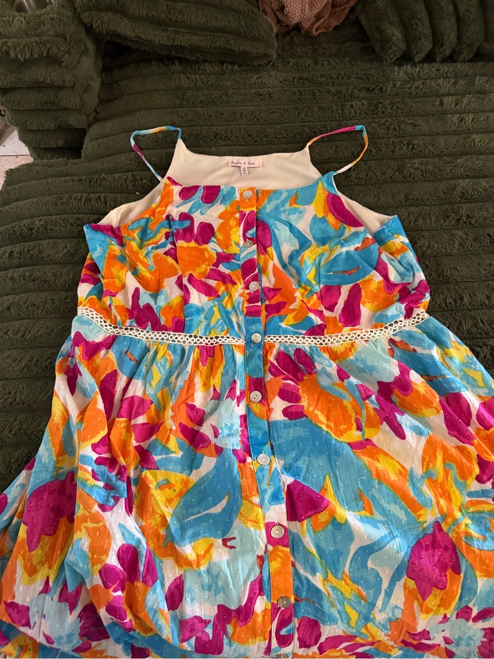 Bright Multicolor Floral Button-Front Sundress with Lace Trim